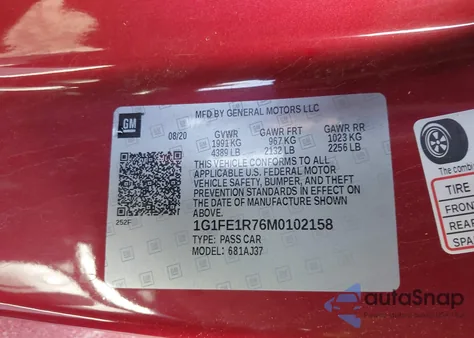 2021 Chevrolet Camaro Rwd Lt1 z USA, uszkodzony, nr VIN 1G1FE1R76M0102158